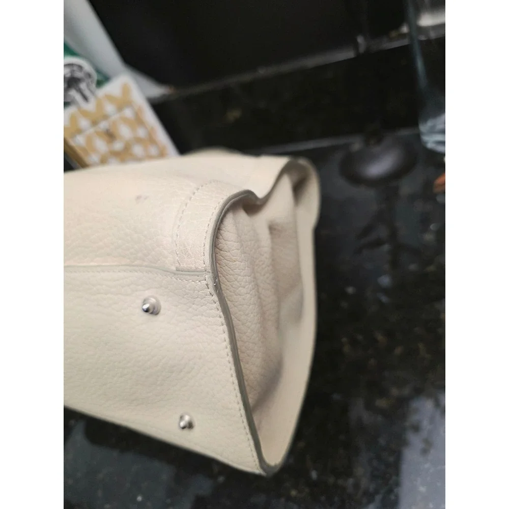 Dooney & Bourke Large Flap Satchel Cream Pebbled Leather Silver Lock Top Handle